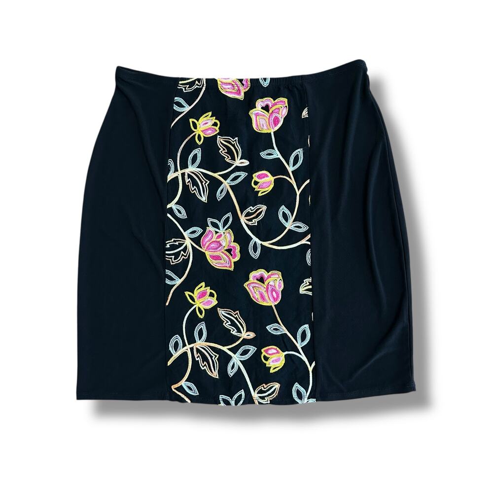 Passports black boho floral embroidery skirt L elastic waist artsy‎ mini